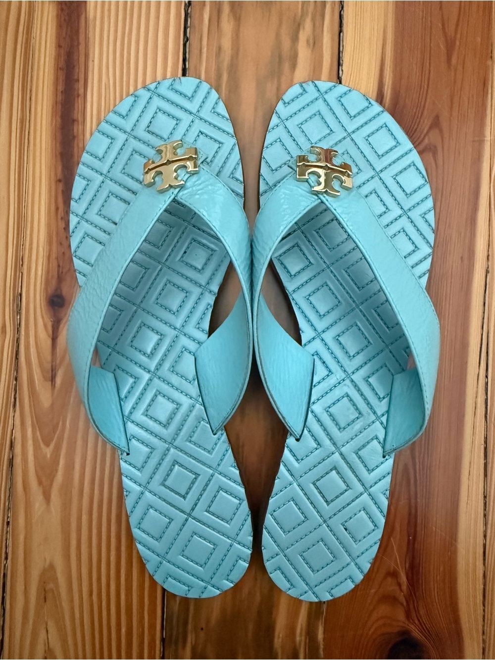 Tory Burch Aqua Leather Logo Thong Sandals - Picture 3 of 7
